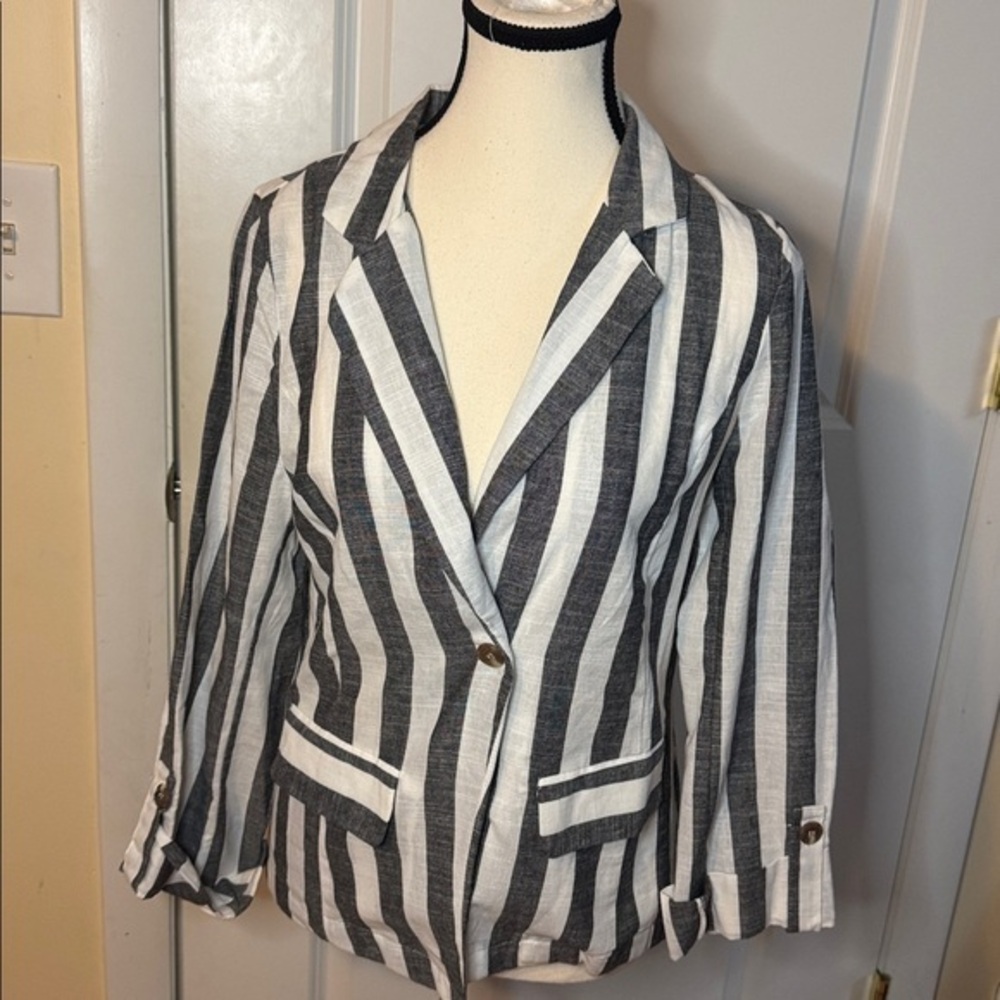 MINE Los Angeles women’s small striped‎ white/grey NWT cotton blazer Open Front
